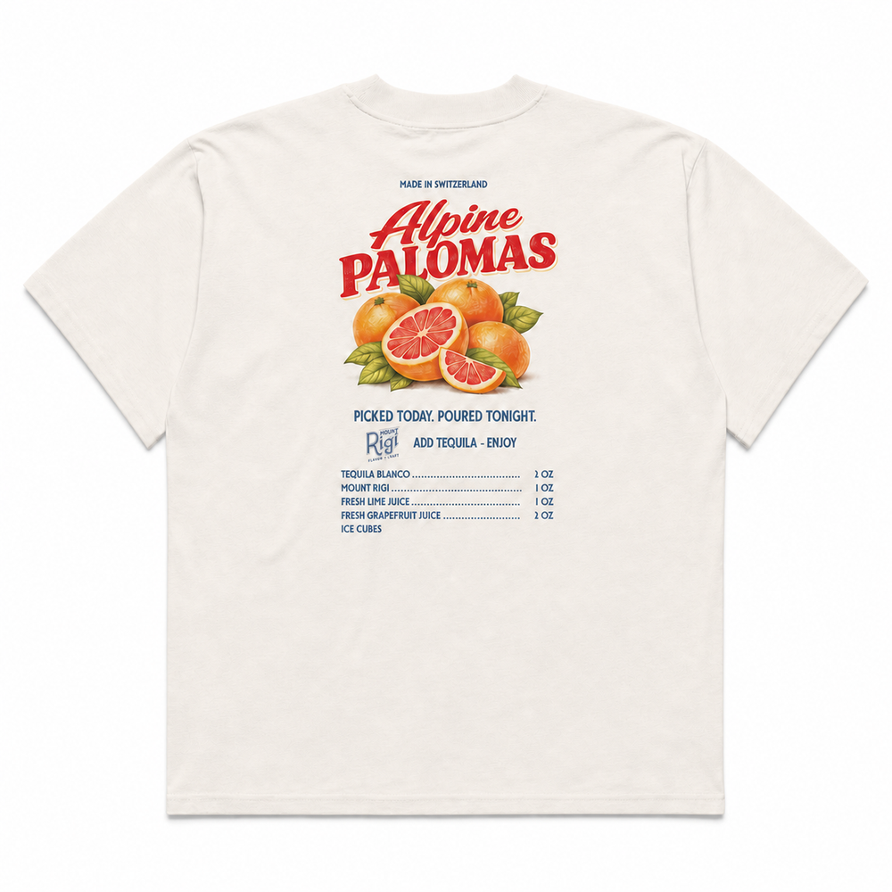 Back view of the white Mount Rigi Alpine Palomas organic oversized T-shirt with grapefruit artwork and cocktail recipe