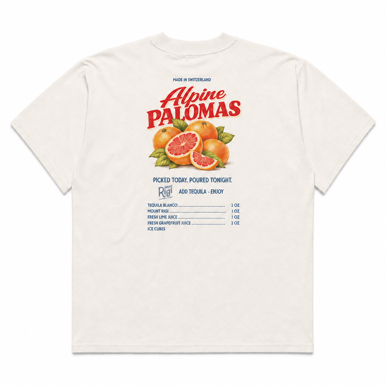 Back view of the white Mount Rigi Alpine Palomas organic oversized T-shirt with grapefruit artwork and cocktail recipe