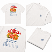 Detailed views of the white Mount Rigi Alpine Palomas organic oversized T-shirt, including front logo, back artwork and folded view