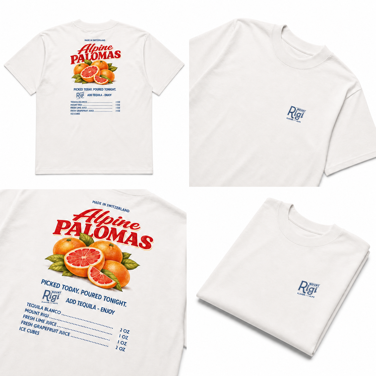 Detailed views of the white Mount Rigi Alpine Palomas organic oversized T-shirt, including front logo, back artwork and folded view