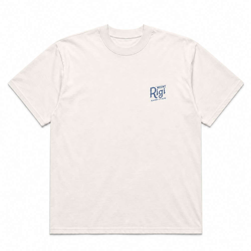 Front view of the white Mount Rigi Alpine Palomas organic oversized T-shirt with a blue chest logo.