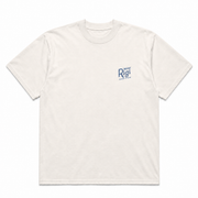 Front view of the white Mount Rigi Alpine Palomas organic oversized T-shirt with a blue chest logo.