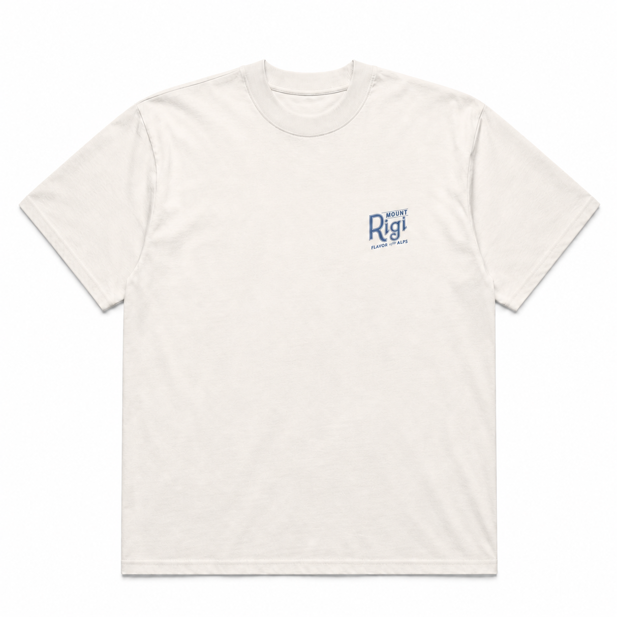 Front view of the white Mount Rigi Alpine Palomas organic oversized T-shirt with a blue chest logo.