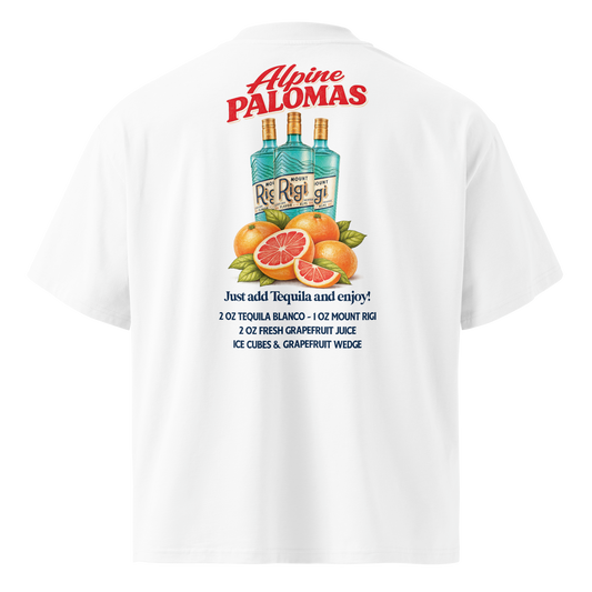 Back of the white Alpine Palomas oversized T-shirt, cut out on a plain background