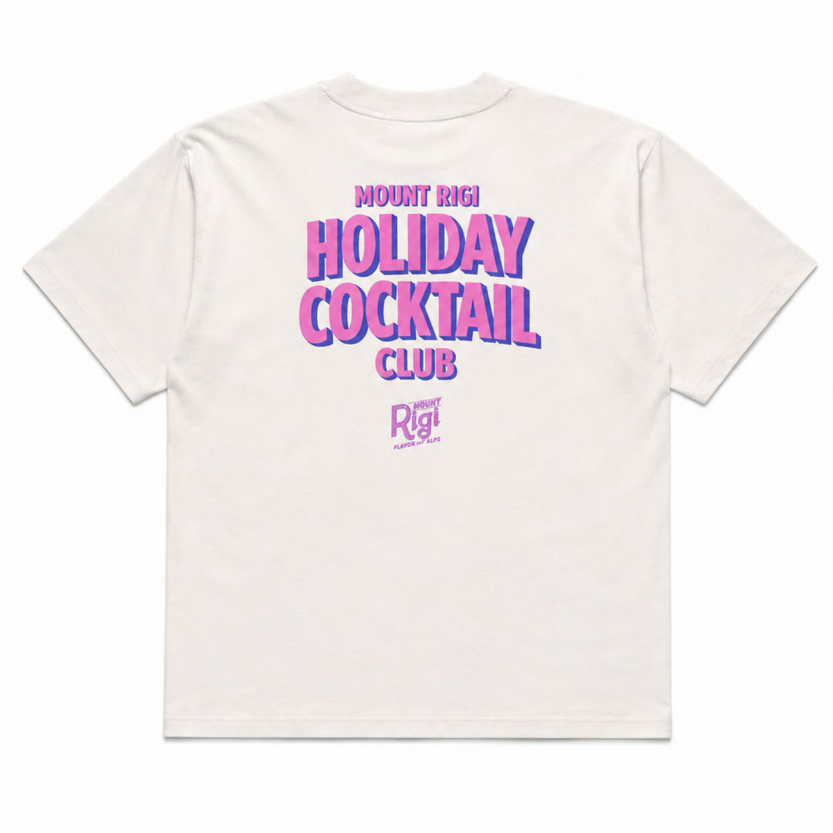 Back view of the white Mount Rigi Holiday Cocktail Club oversized T-shirt with a pink and blue graphic print.