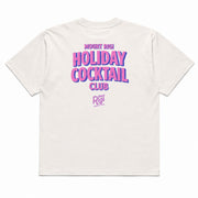 Back view of the white Mount Rigi Holiday Cocktail Club oversized T-shirt with a pink and blue graphic print.