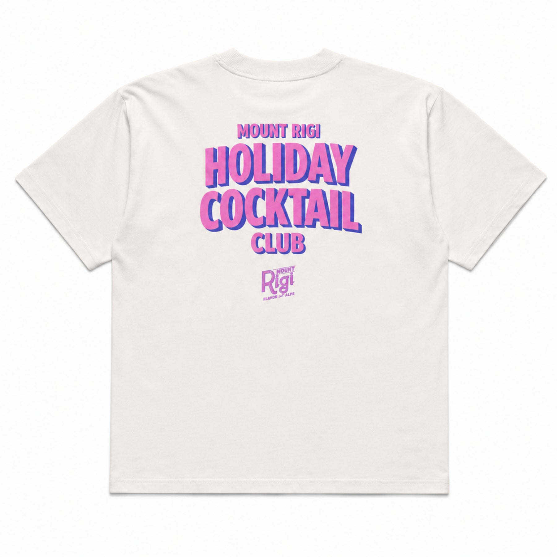 Back view of the white Mount Rigi Holiday Cocktail Club oversized T-shirt with a pink and blue graphic print.