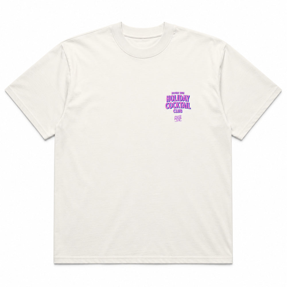 Front view of the white Mount Rigi Holiday Cocktail Club oversized T-shirt with a pink and blue graphic print.