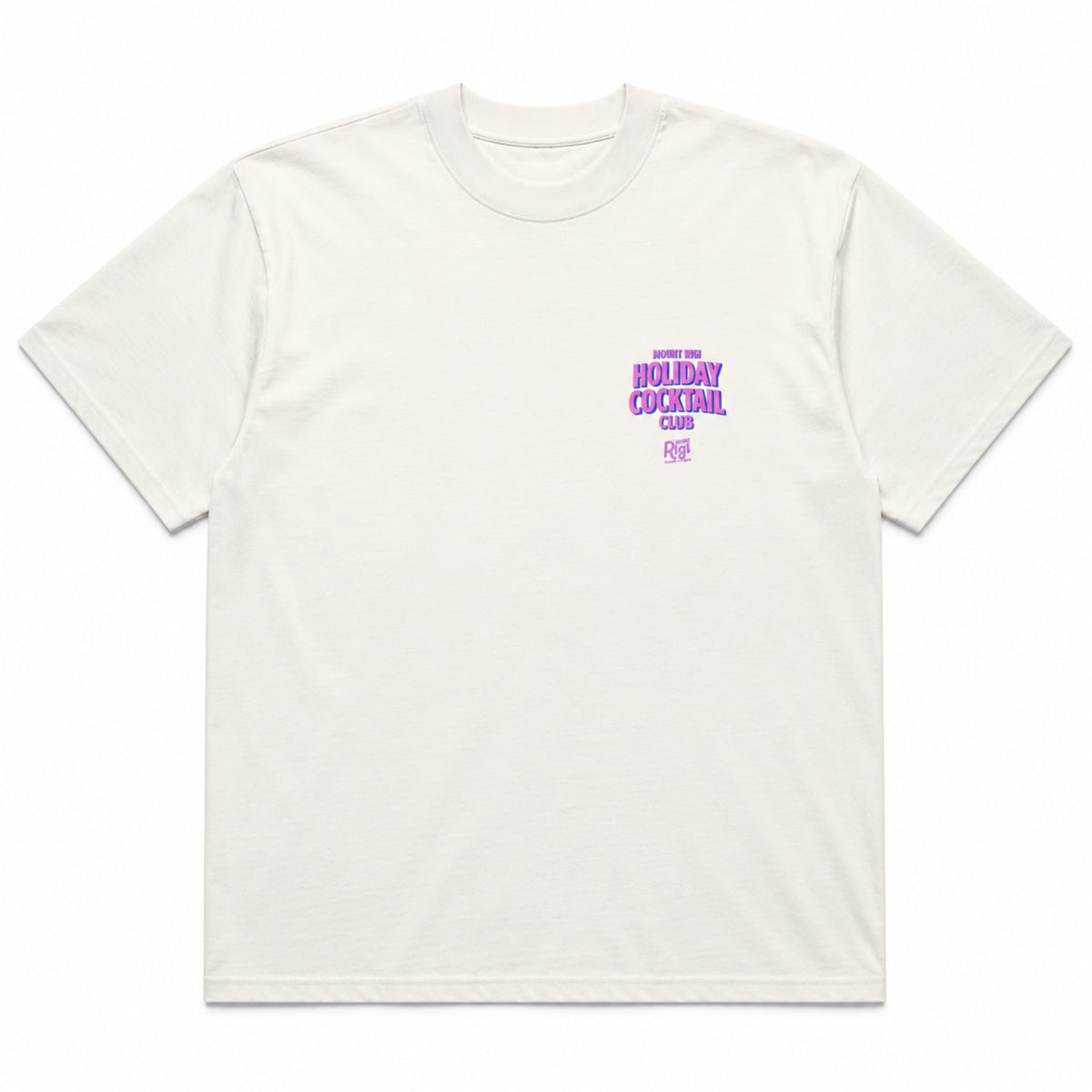 Front view of the white Mount Rigi Holiday Cocktail Club oversized T-shirt with a pink and blue graphic print.