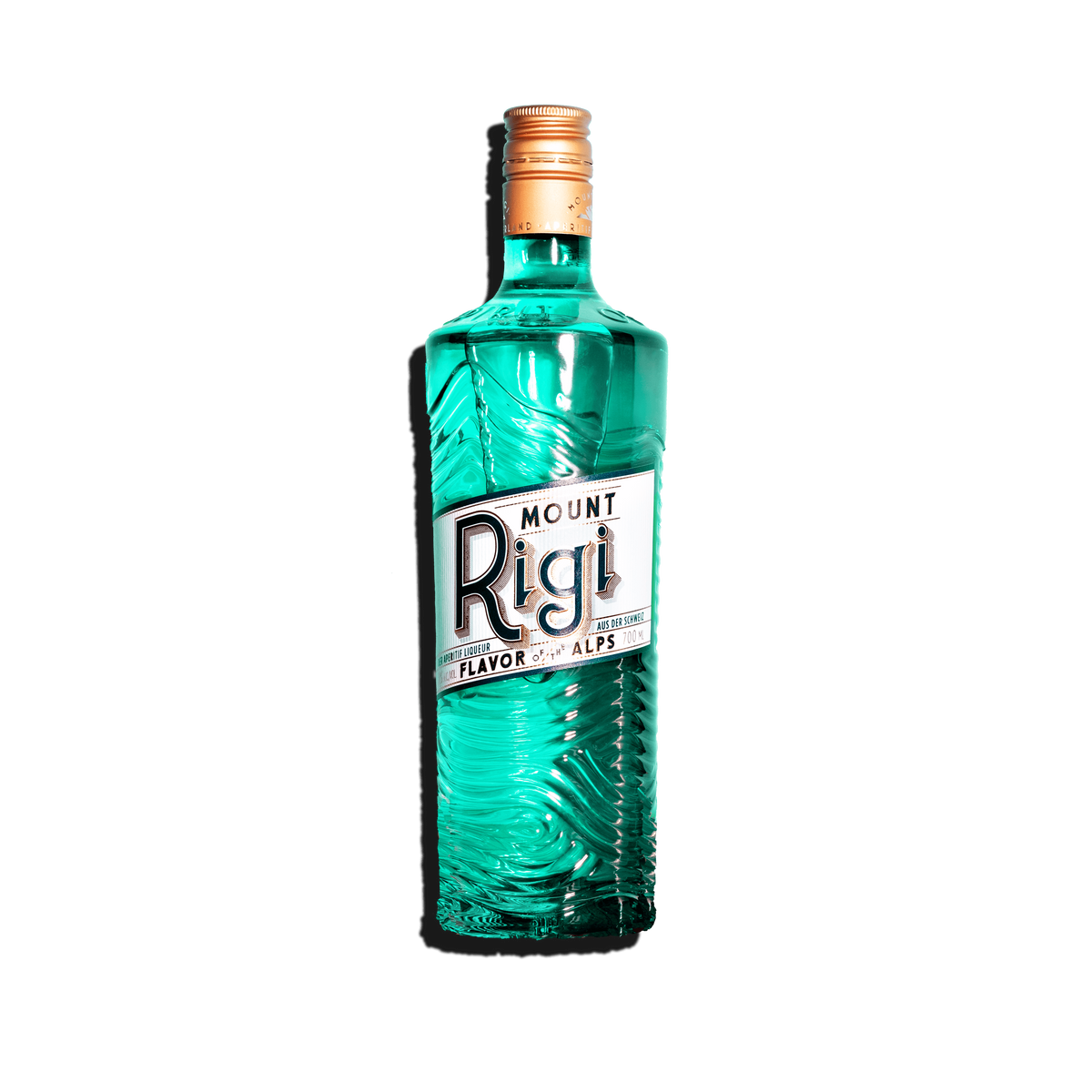 Mount Rigi Swiss aperitif bottle with turquoise glass, crafted with Kirsch, elderflower and lemon balm.