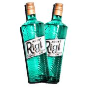 Two Mount Rigi Swiss aperitif bottles with turquoise glass shown side by side on a transparent background.