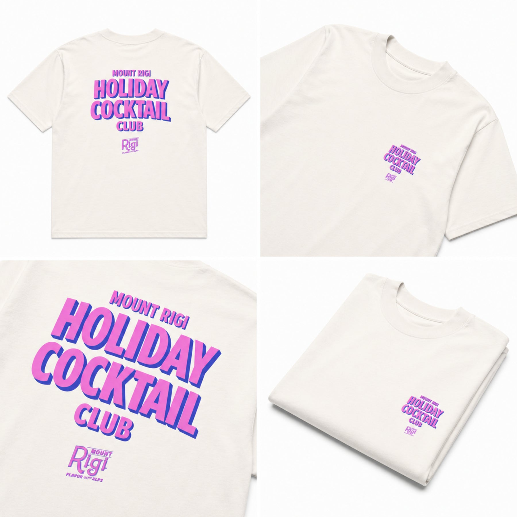 Overview of the white Mount Rigi Holiday Cocktail Club oversized T-shirt with a pink and blue graphic print.